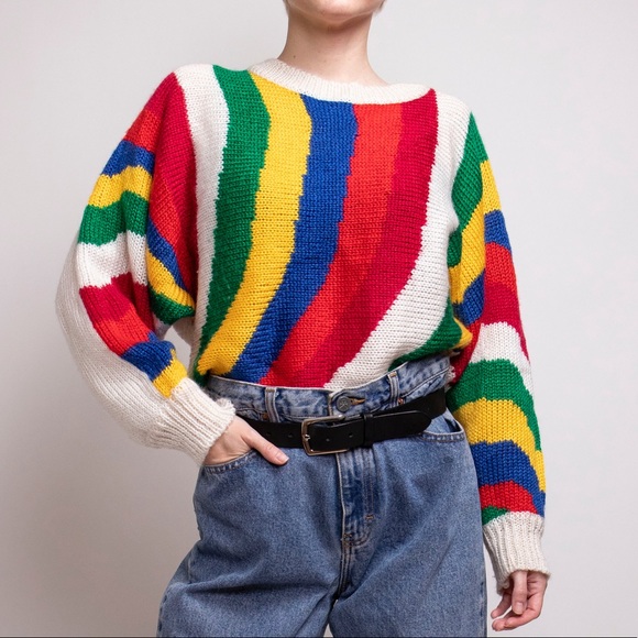 ❌SOLD❌Vintage 80s rainbow dolman draped sweater - Picture 3 of 7